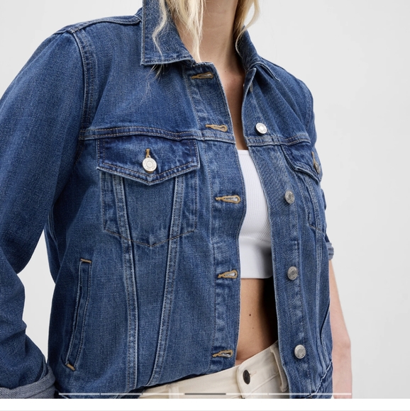 Women's Dark Wash Stretchy Fitted Denim Jacket, M - Picture 1 of 8